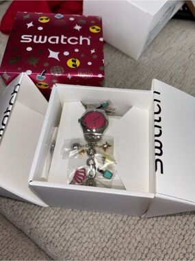 Swatch Silver Charm Bracelet Watch with Pink Dial